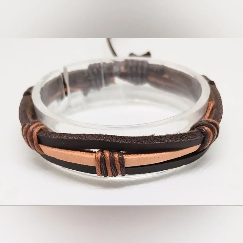 Men's bracelet leather layered‎ brown new e74